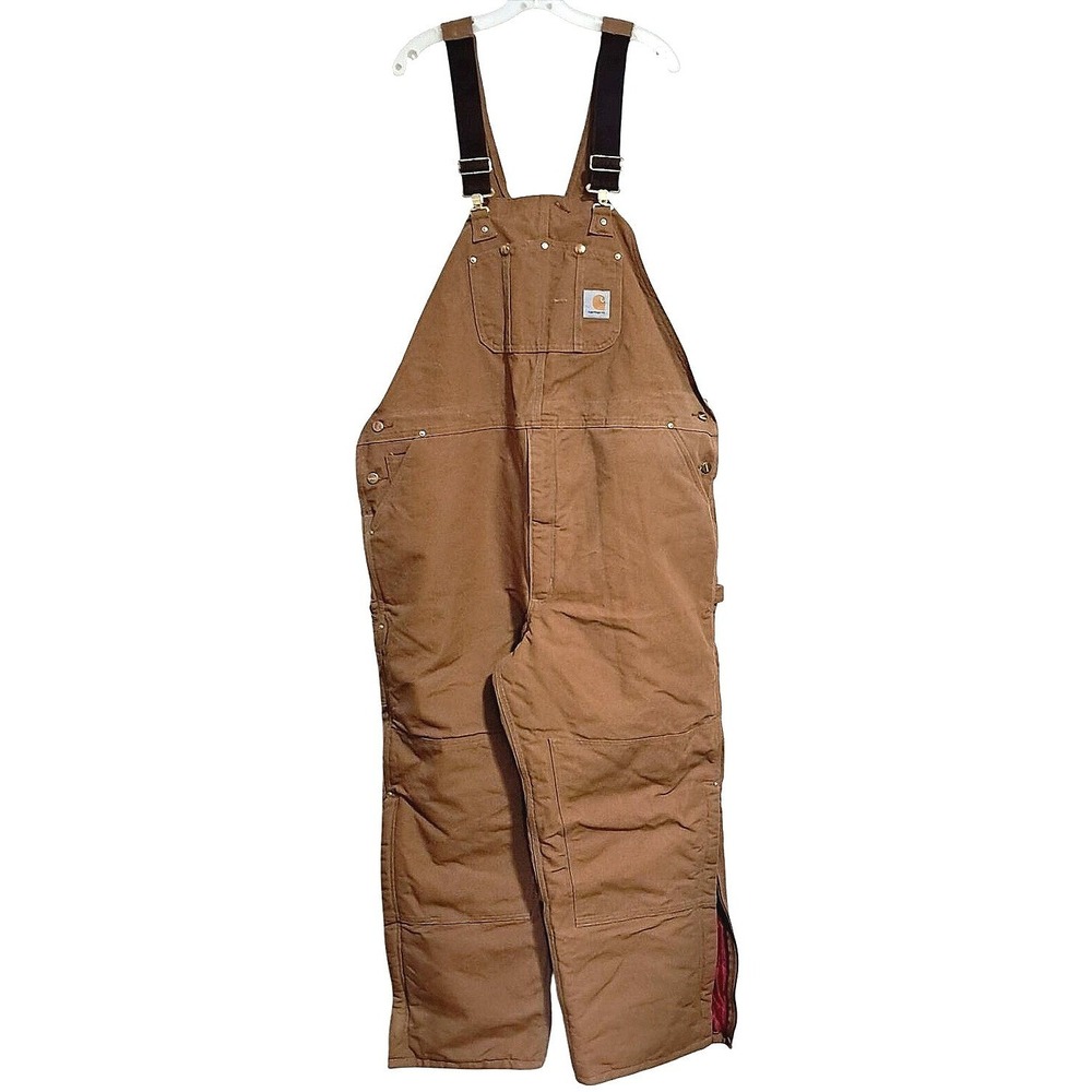 Workwear Carhartt Quilt Lined Bib Overalls Mens 50x30 Brown Duck Canvas R02 BRN